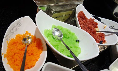 caviar at Vikings Buffet orange, green and red caviar served on bowls