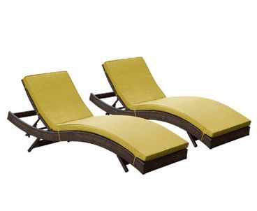 Outdoor Furniture, Wicker Chaise Lounge Chairs, Wicker Outdoor Furniture, LexMod Peer Outdoor Wicker Chaise Lounge Chair with Brown Rattan and Peridot Cushions, Set of 2