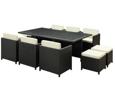 Outdoor Furniture, Wicker Dining Sets, Wicker Outdoor Furniture, LexMod Reversal Outdoor Wicker Patio 11-Piece Dining Set in Espresso with White Cushions