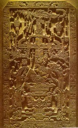 Figuras 2a y 2b: Losa que cubría el sarcófago de Pacal, en Palenque (Fiedel, 1996 fig. 95).