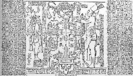 Figura 4: Bajorrelieve del templo de la Cruz (según Stiebing, 1994 fig. 5). Obsérvese, de nuevo, el árbol en forma de cruz, coronado por un pájaro Quetzal, con una serpiente alrededor de sus ramas, el demonio en las raíces, etc.